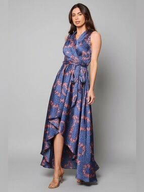 NAVY PINK SLEEVELESS SURPLICE FLORAL HIGH-LOW MAXI DRESS